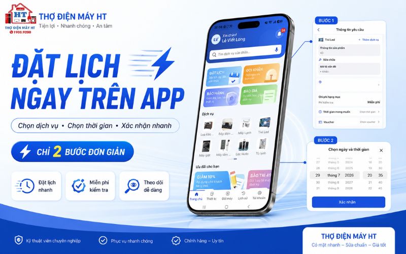 Giao diện App Thợ Điện Máy HT giúp khách hàng đặt lịch sửa máy giặt Inverter và theo dõi dịch vụ