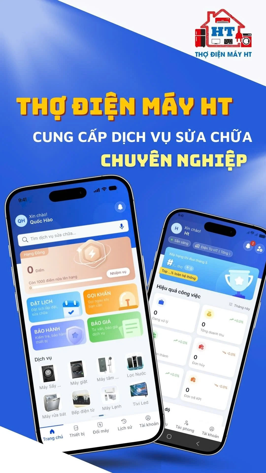 Giao diện App Thợ Điện Máy HT trên điện thoại di động