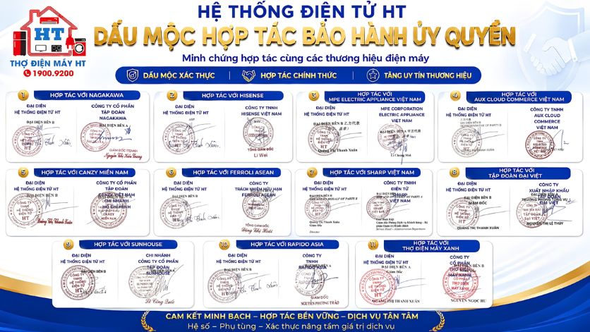 Dấu mộc xác nhận trên hồ sơ hợp tác của Hệ Thống Điện Tử HT với các thương hiệu